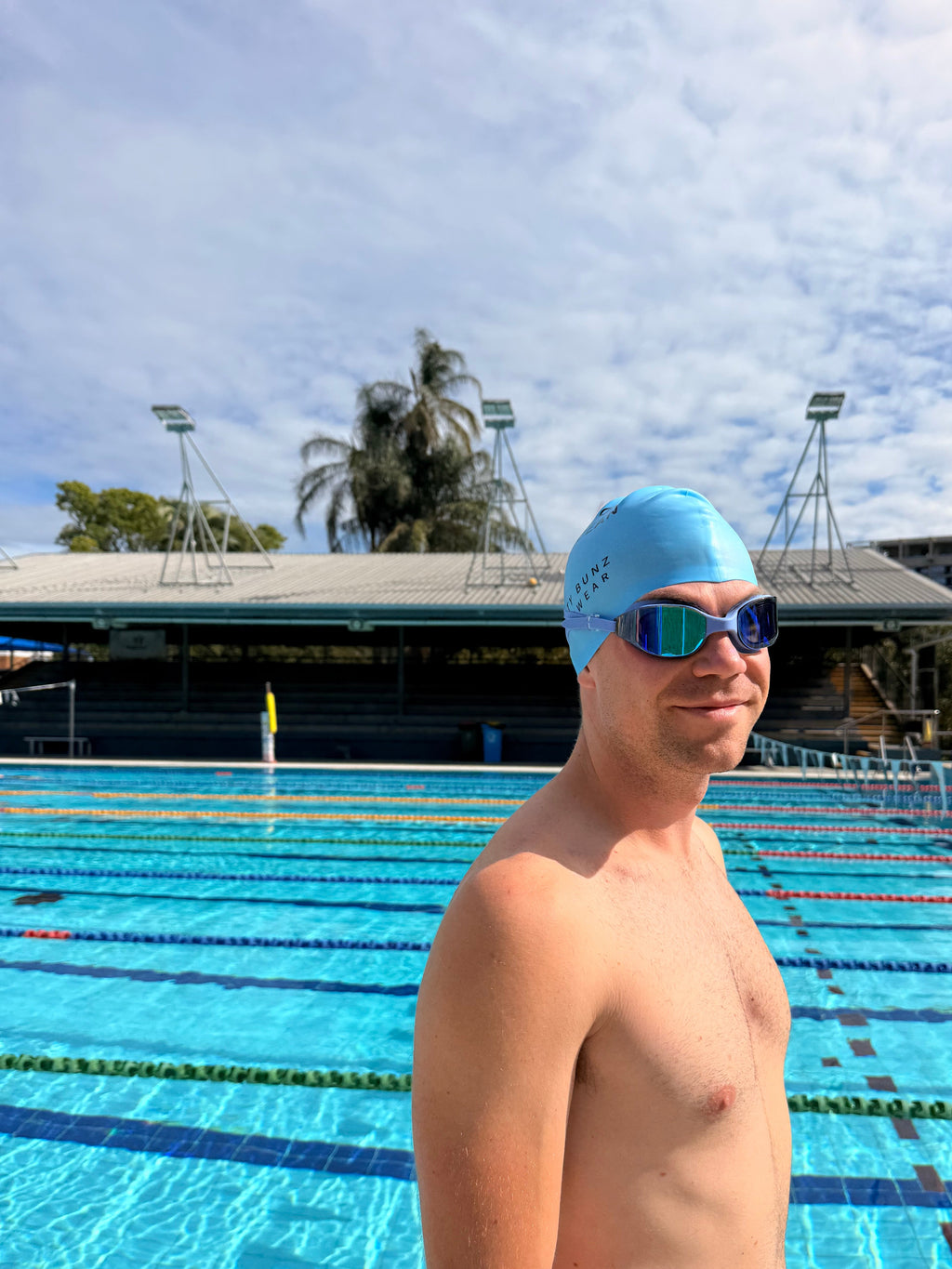 SALTY BUNZ Pro Swim Goggles ~ Sky Blue ~ Rainbow Mirror Lens