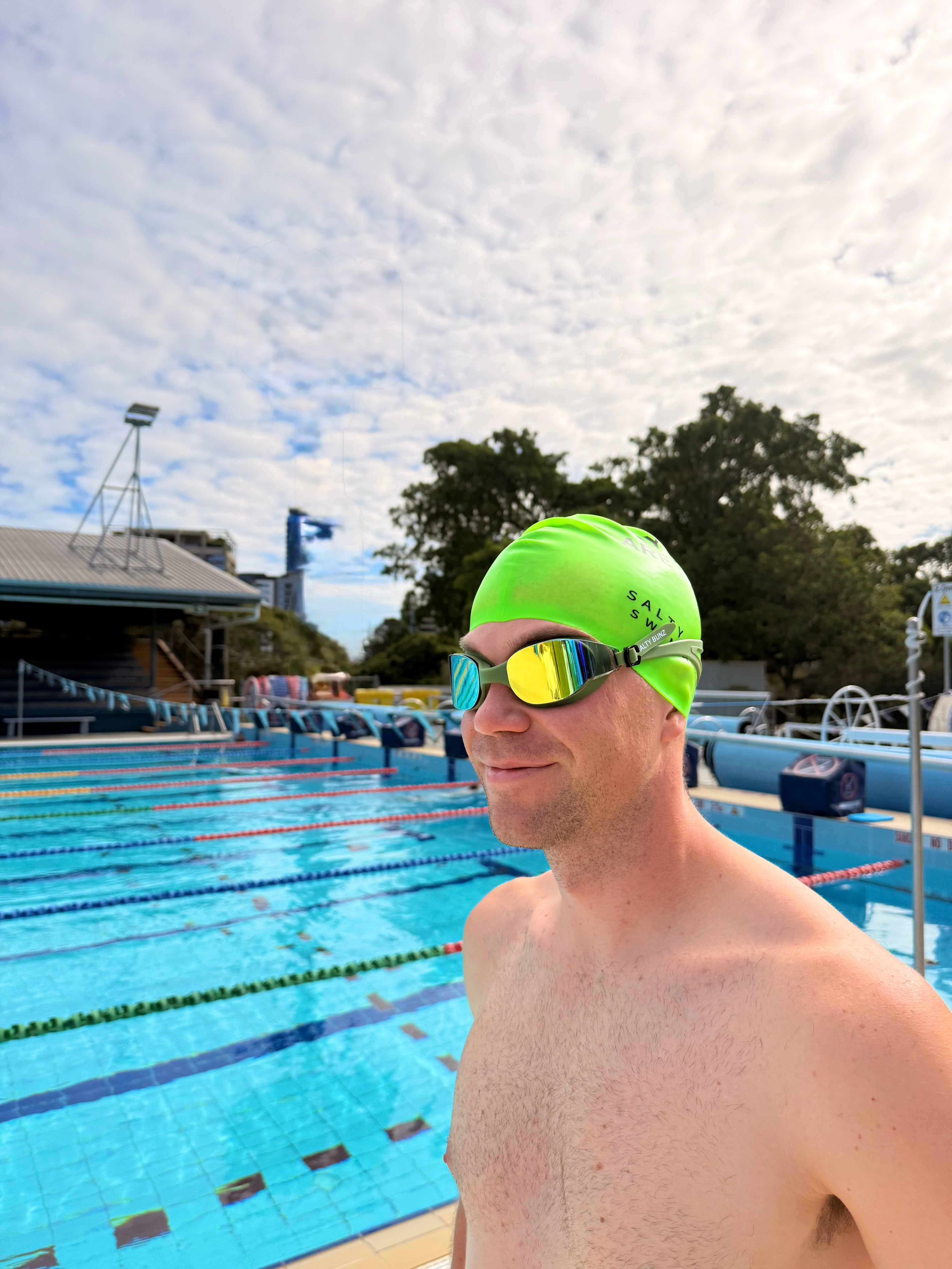 SALTY BUNZ Pro Swim Goggles ~ Tank Green ~ Rainbow Mirror Lens