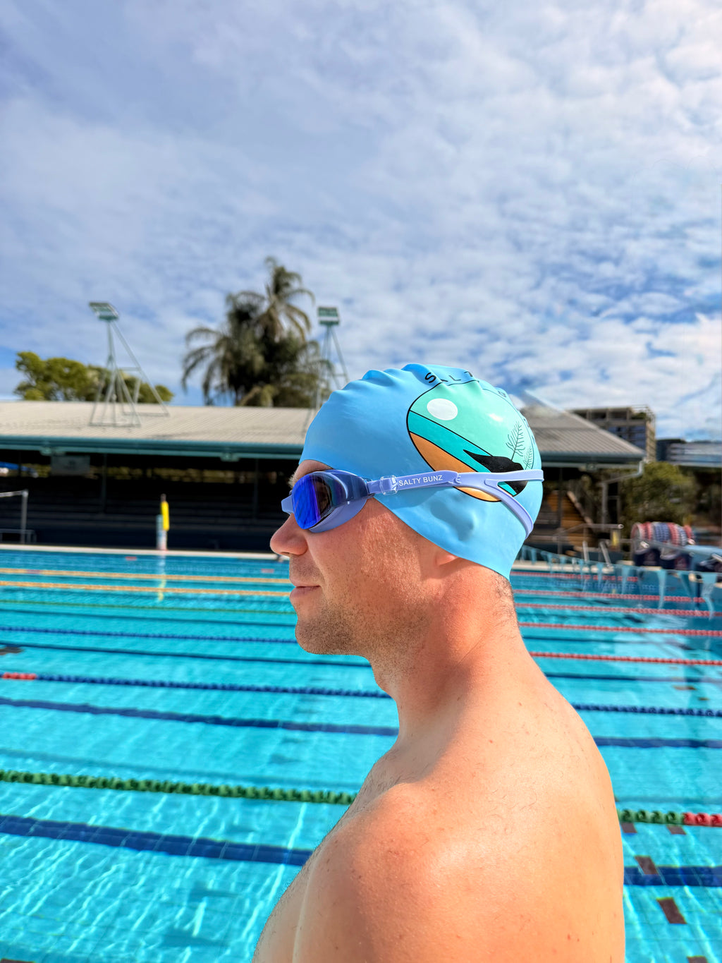 SALTY BUNZ Pro Swim Goggles ~ Sky Blue ~ Rainbow Mirror Lens
