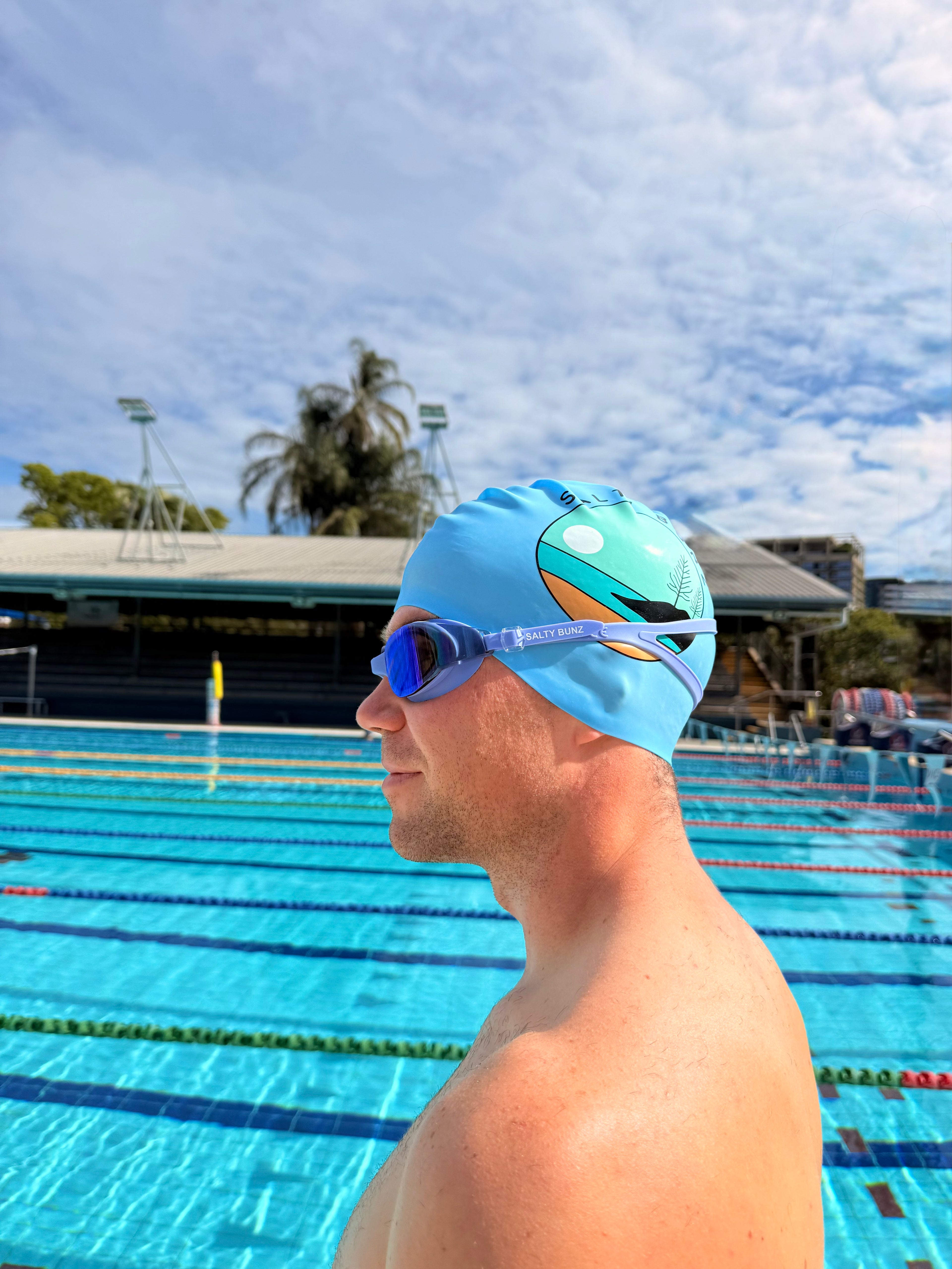 SALTY BUNZ Pro Swim Goggles ~ Sky Blue ~ Rainbow Mirror Lens