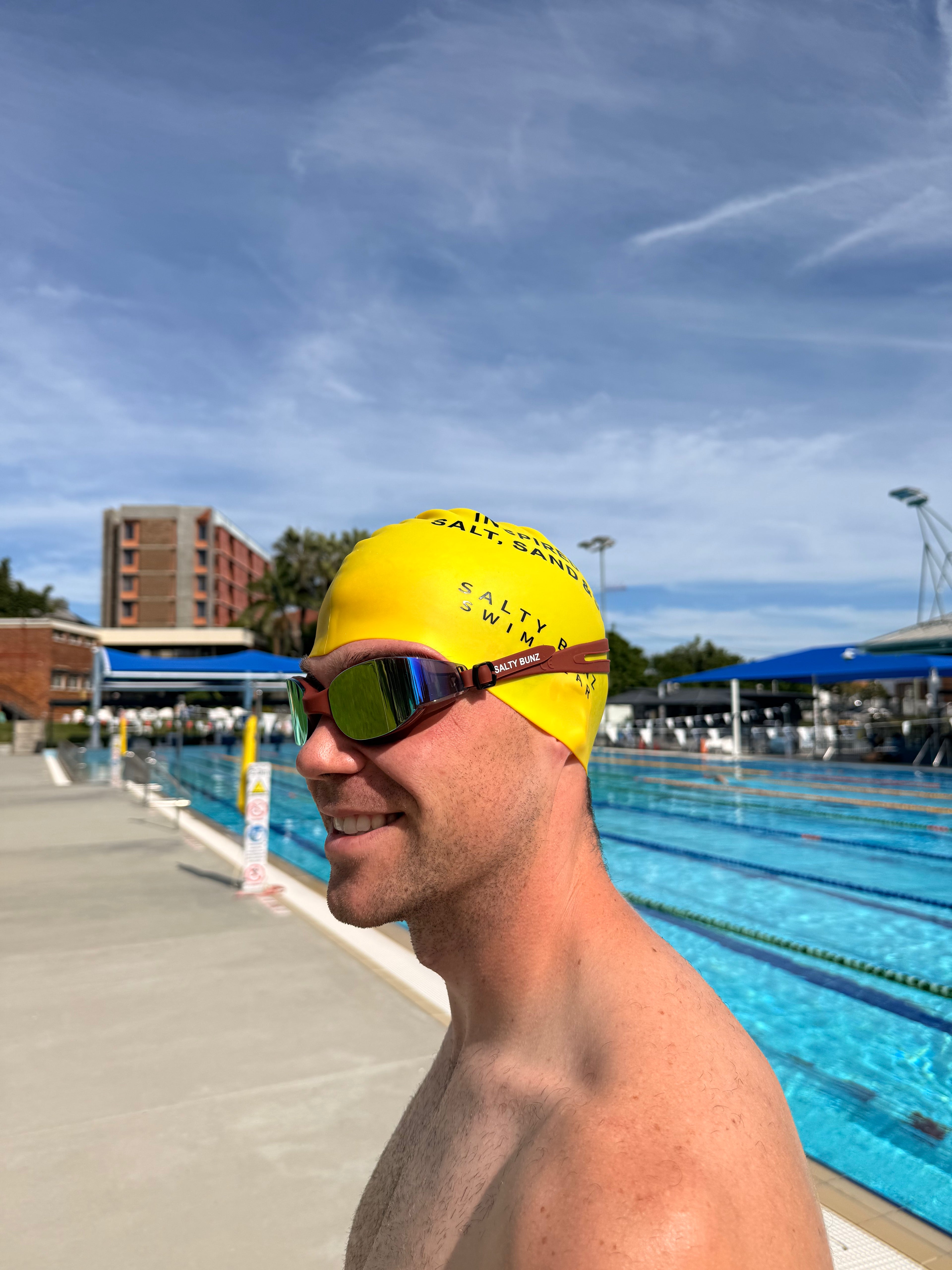 SALTY BUNZ Pro Swim Goggles ~ Ruby Red ~ Rainbow Mirror Lens