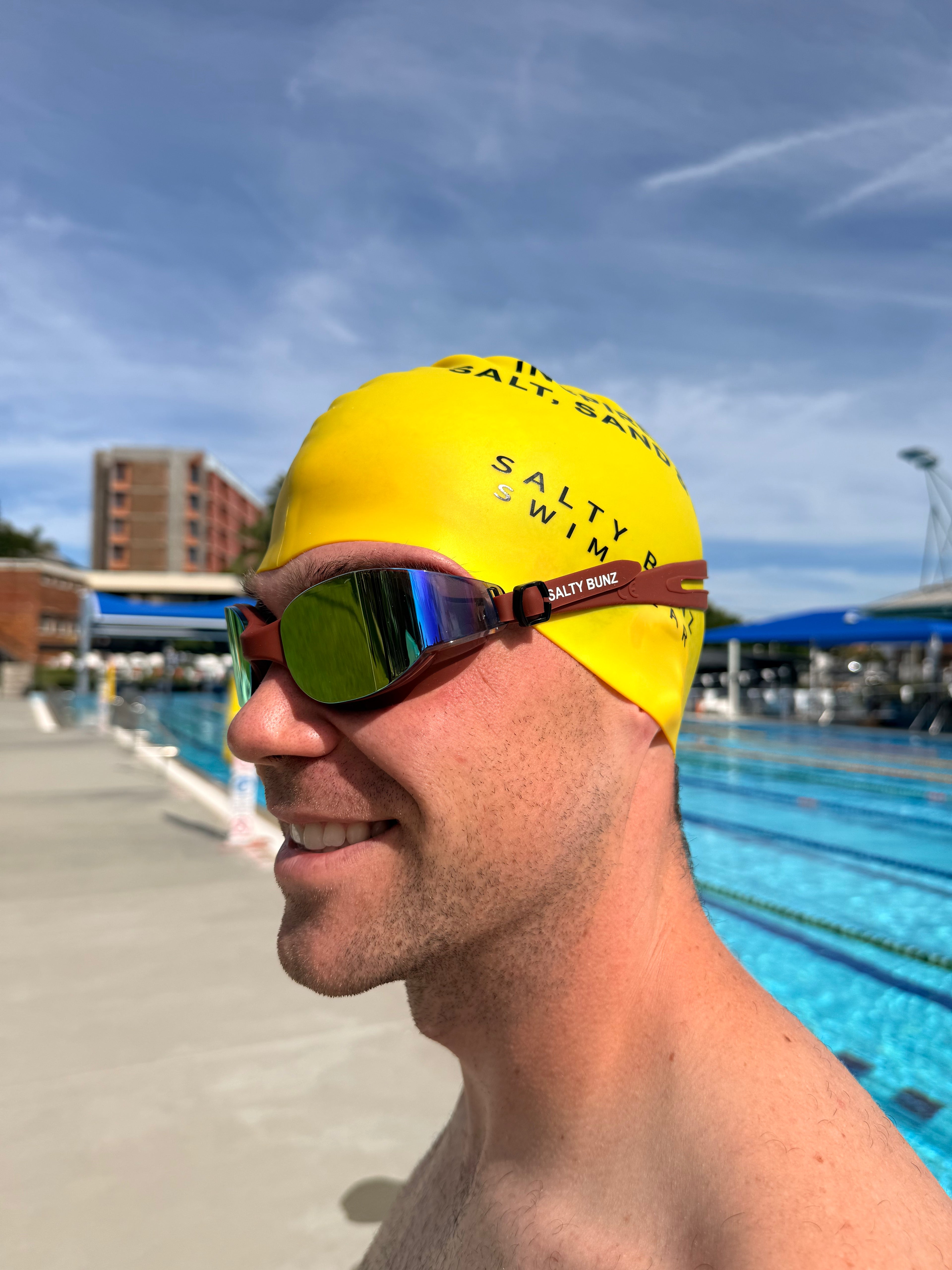 SALTY BUNZ Pro Swim Goggles ~ Ruby Red ~ Rainbow Mirror Lens