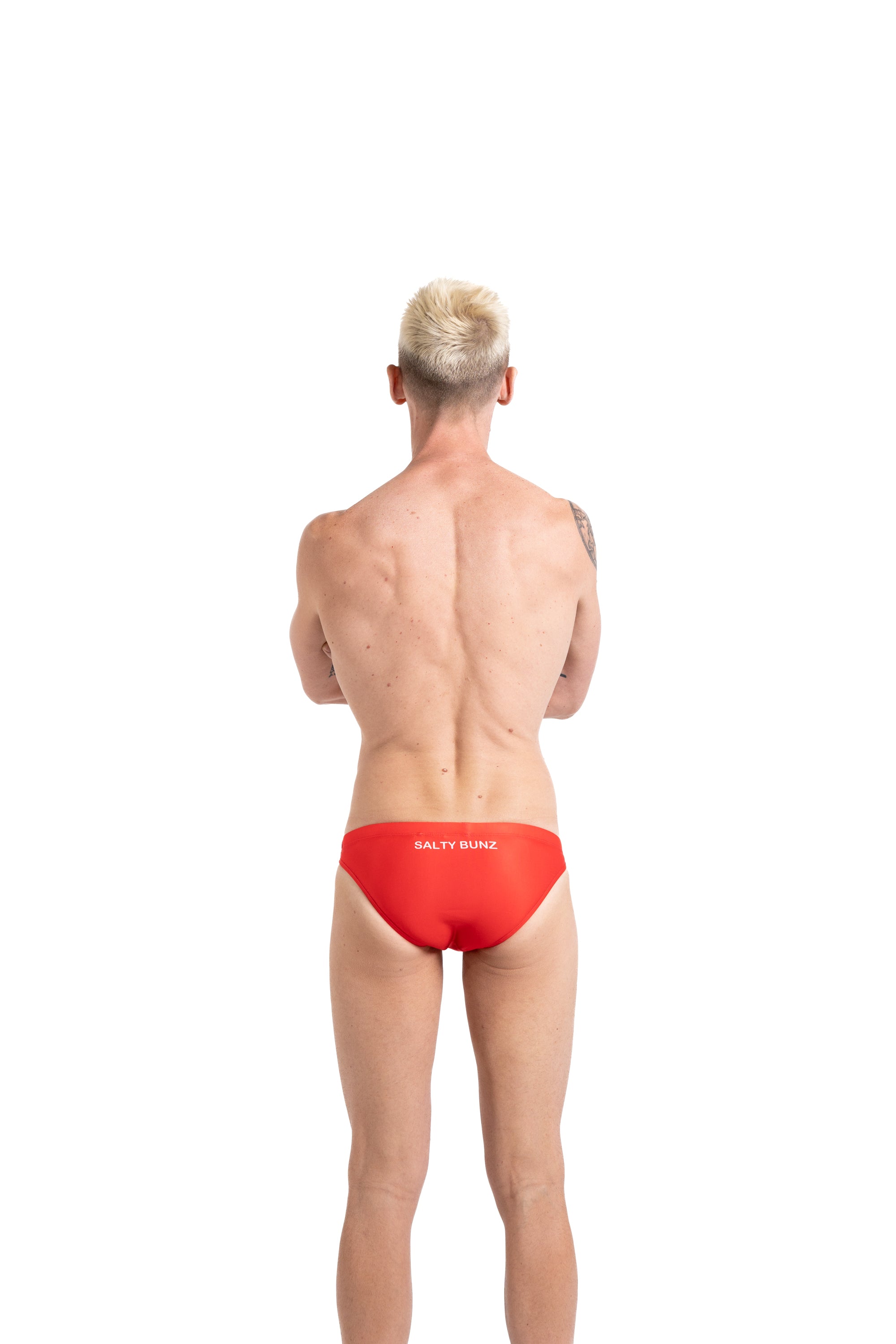 Salty Bunz Bikini Swim Brief Ultra-Thin 3.5cm Crimson Tide Red with white background rear Gay swimwear