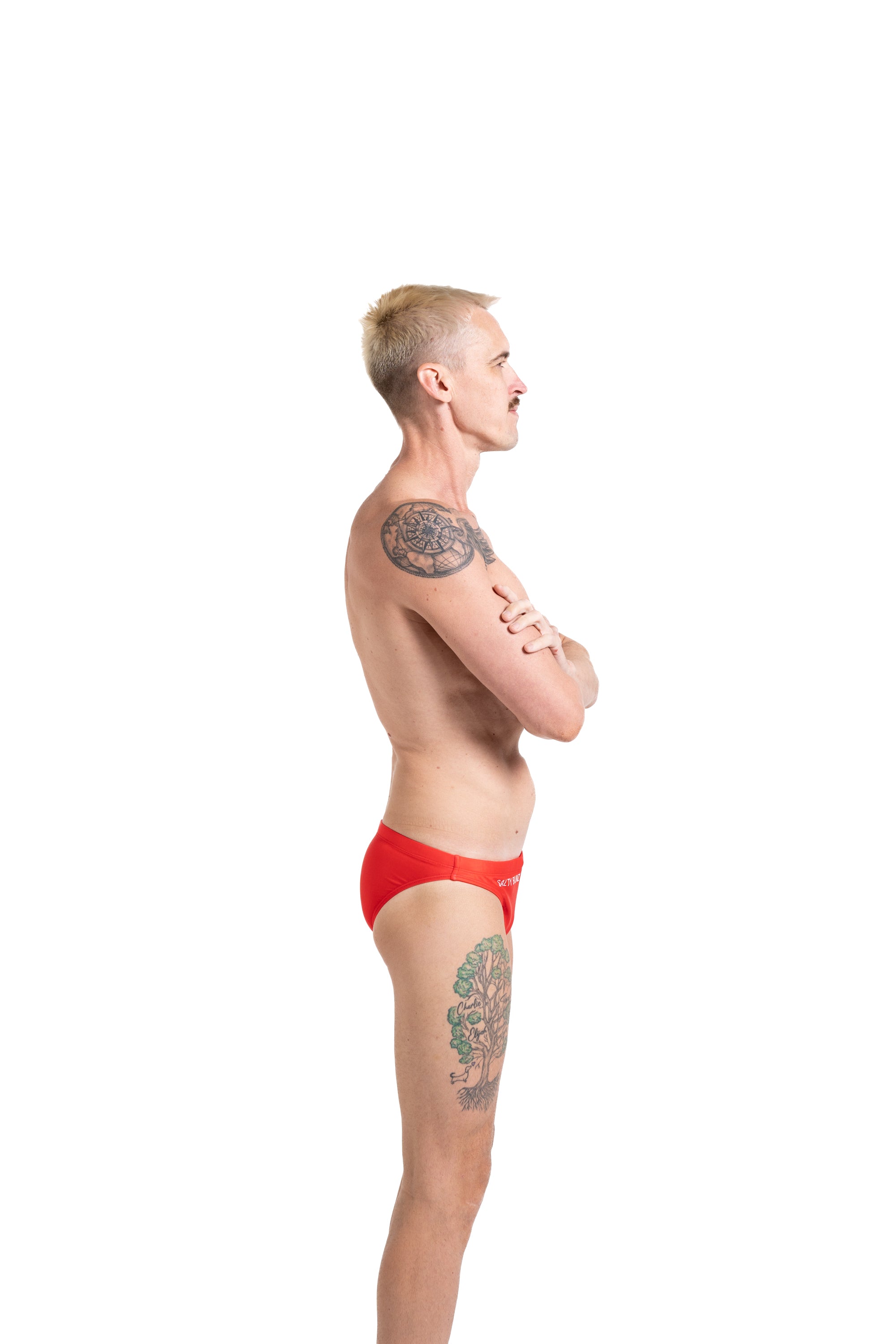 Salty Bunz Bikini Swim Brief Ultra-Thin 3.5cm Crimson Tide Red with white background right side Gay swimwear