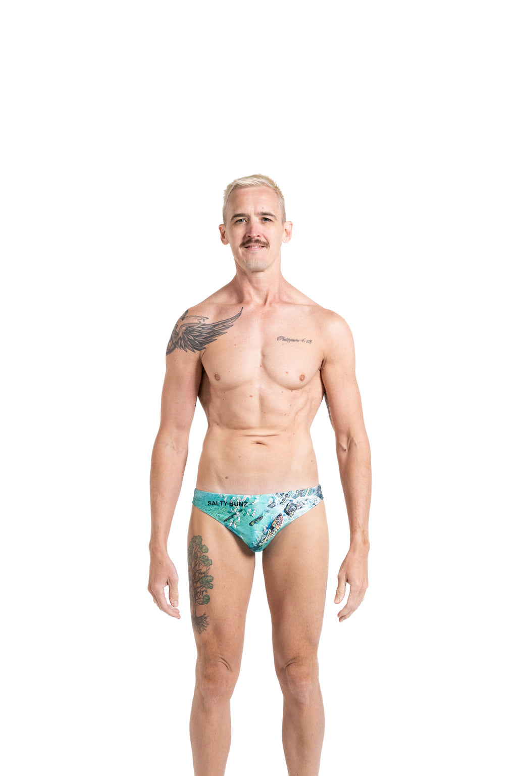 Salty Bunz Coastal Swim Brief Kirra Coast Classic 4.5cm with white background front Gay swimwear Model Bevan