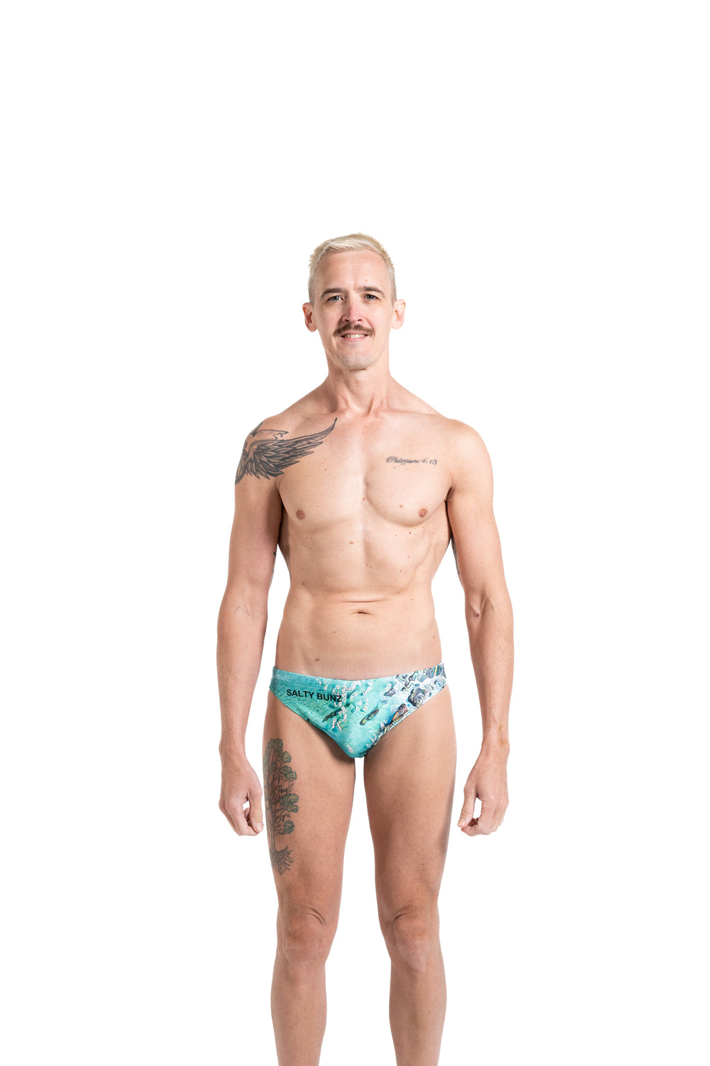 Salty Bunz Swim Brief Kirra Coastal Racer 4cm with white background front Gay swimwear Model Bevan