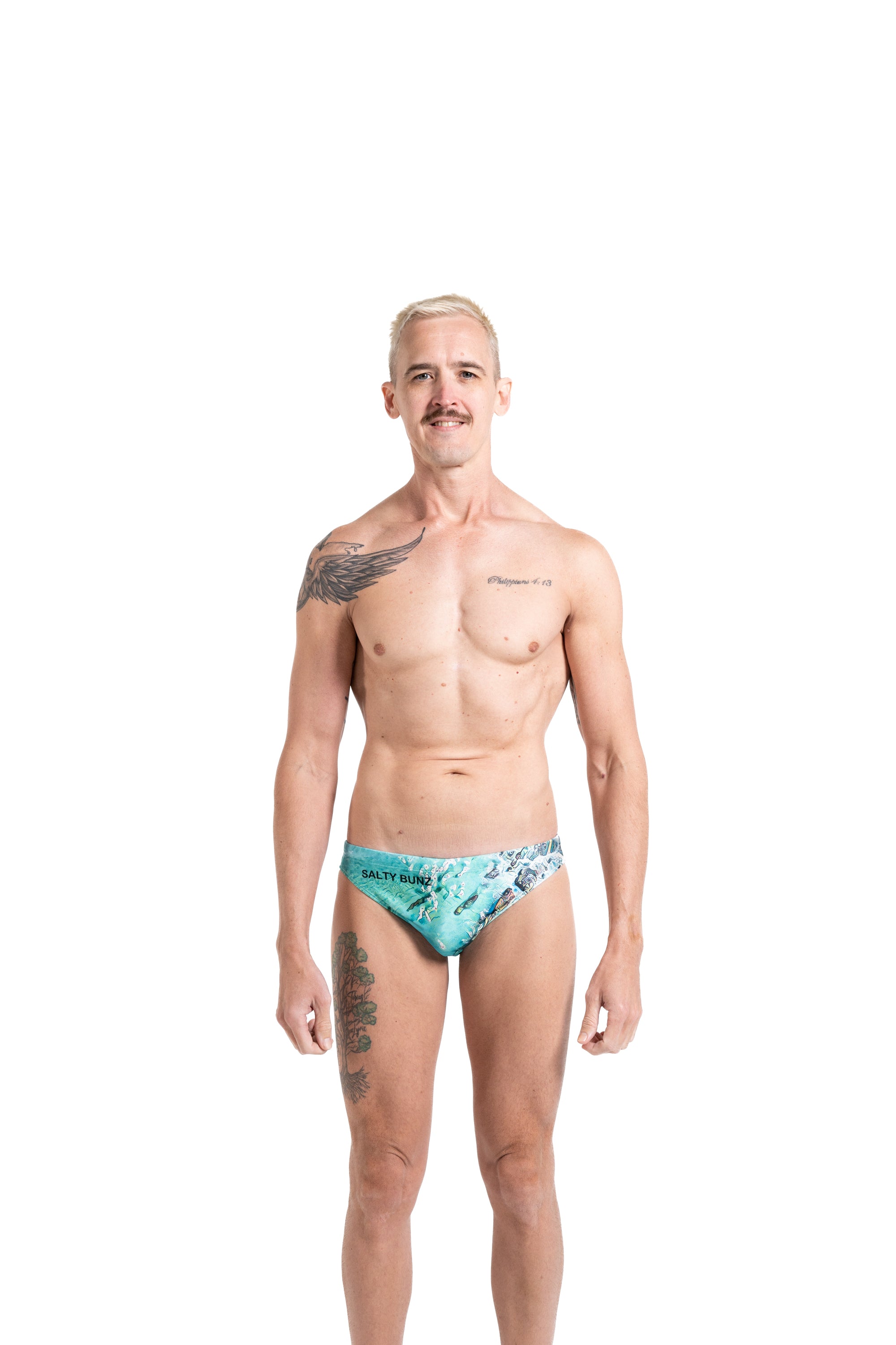 Salty Bunz Swim Brief Kirra Coastal Racer 4cm with white background front Gay swimwear Model Bevan