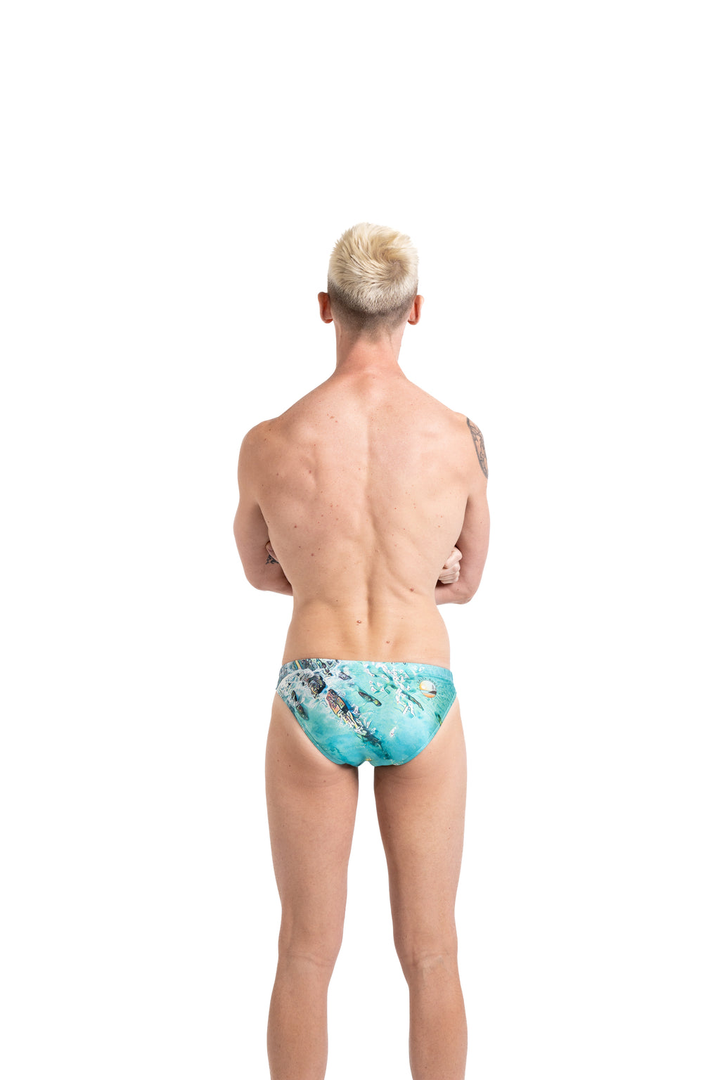 Salty Bunz Swim Brief Kirra Coastal Racer 4cm with white background rear Gay swimwear Model Bevan