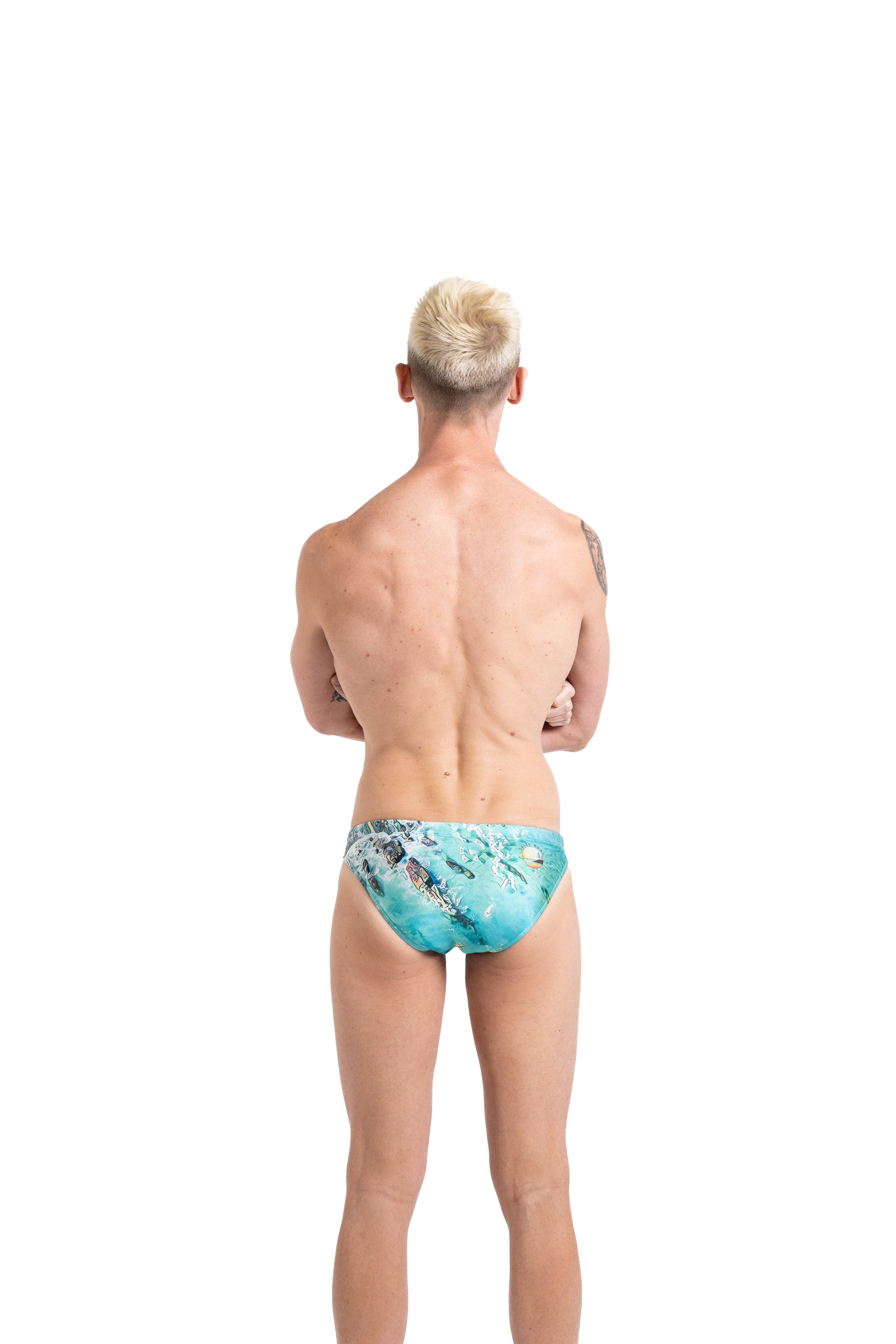 Salty Bunz Swim Brief Kirra Coastal Racer 4cm with white background rear Gay swimwear Model Bevan