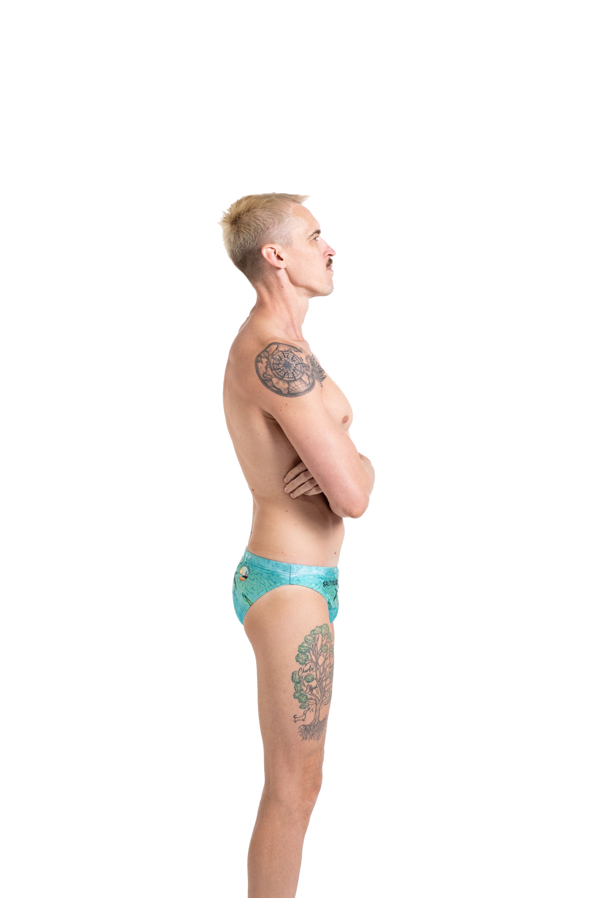 Salty Bunz Swim Brief Kirra Coastal Racer 4cm with white background right side Gay swimwear Model Bevan
