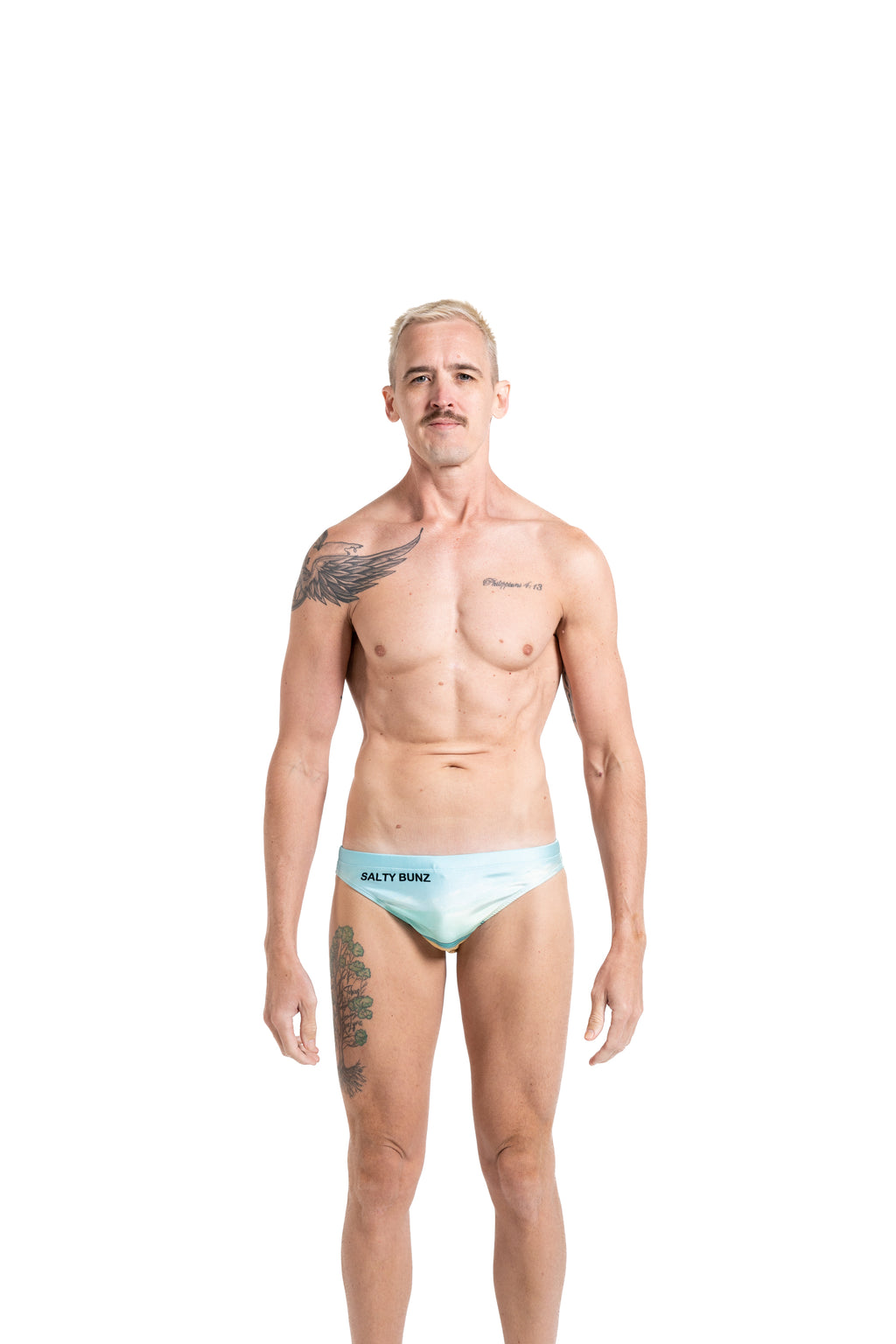 Salty Bunz Coastal Swim Brief Life on the Beach Classic 4.5cm with white background front Gay swimwear Model Bevan