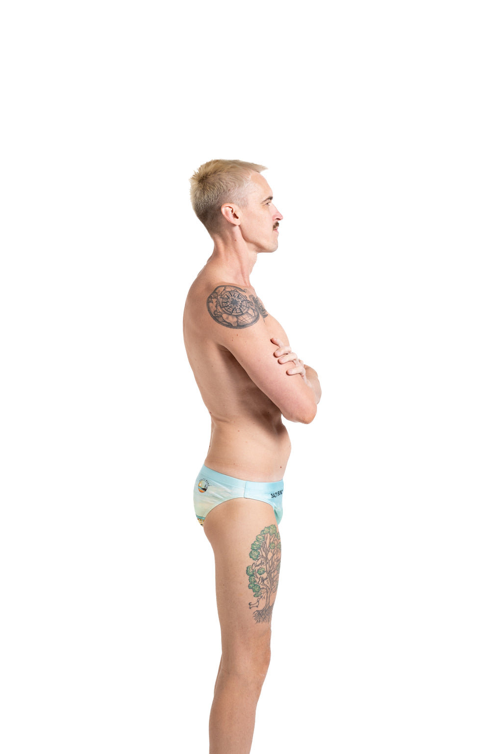 Salty Bunz Coastal Swim Brief Life on the Beach Classic 4.5cm with white background right side Gay swimwear Model Bevan