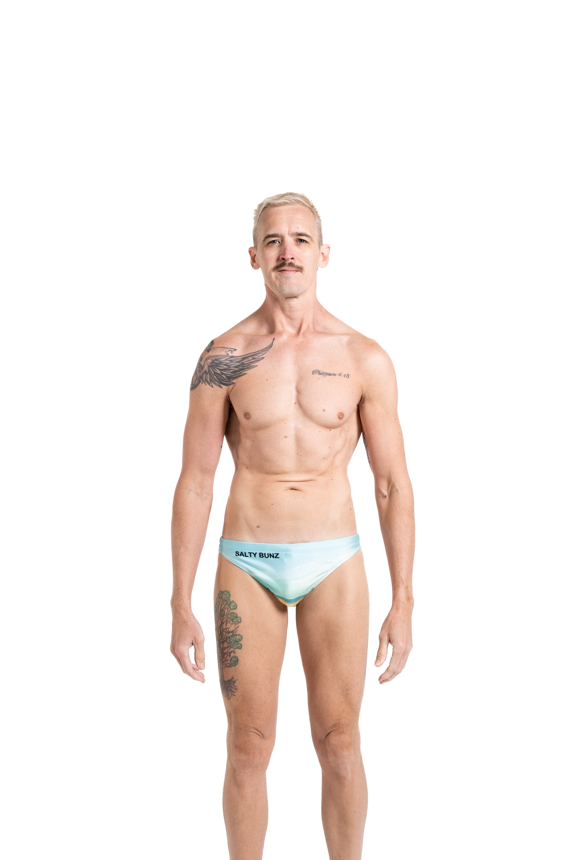 Salty Bunz Coastal Swim Brief Life on the Beach Racer 4cm with white background front Gay swimwear Model Bevan