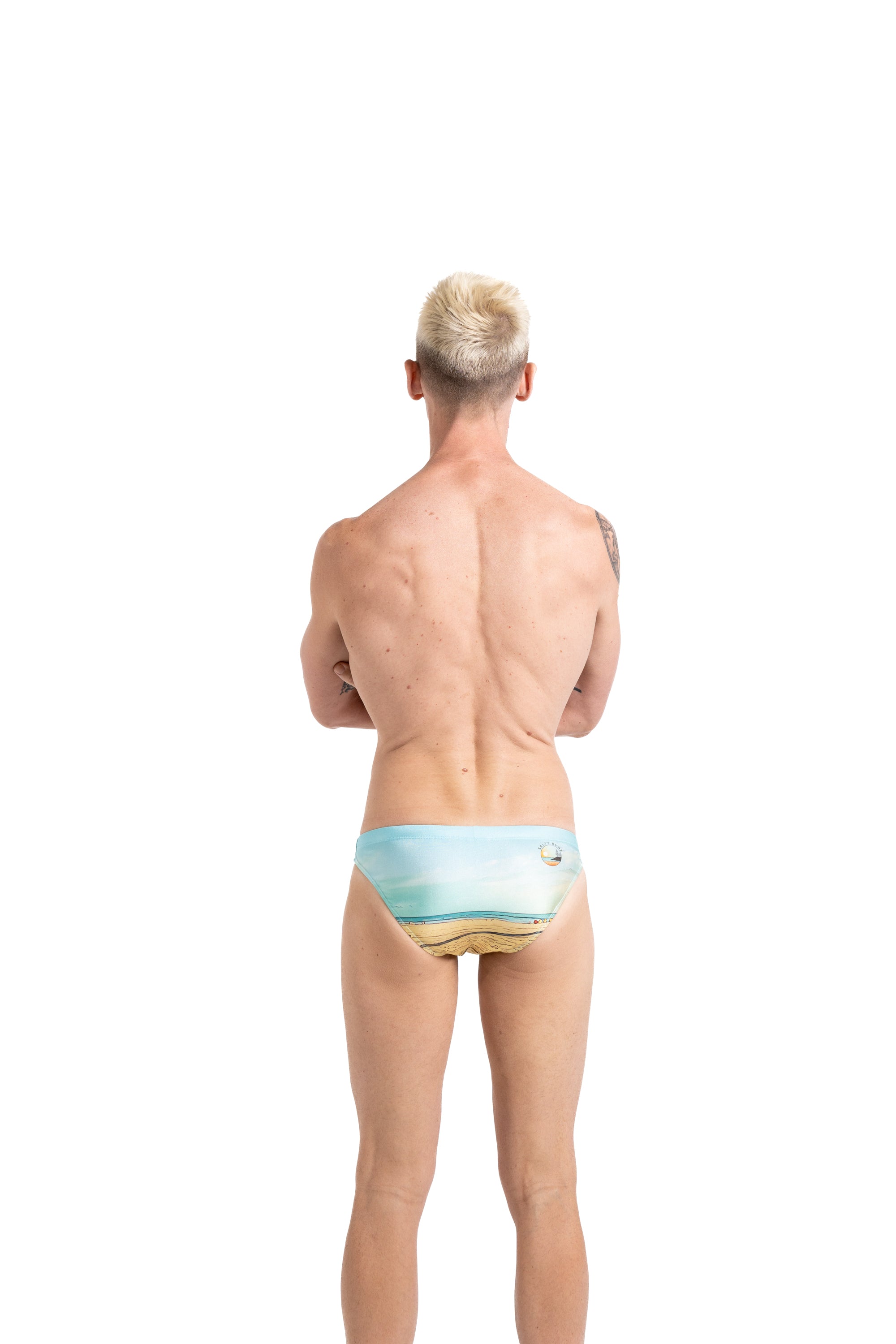 Salty Bunz Coastal Swim Brief Life on the Beach Racer 4cm with white background rear Gay swimwear Model Bevan
