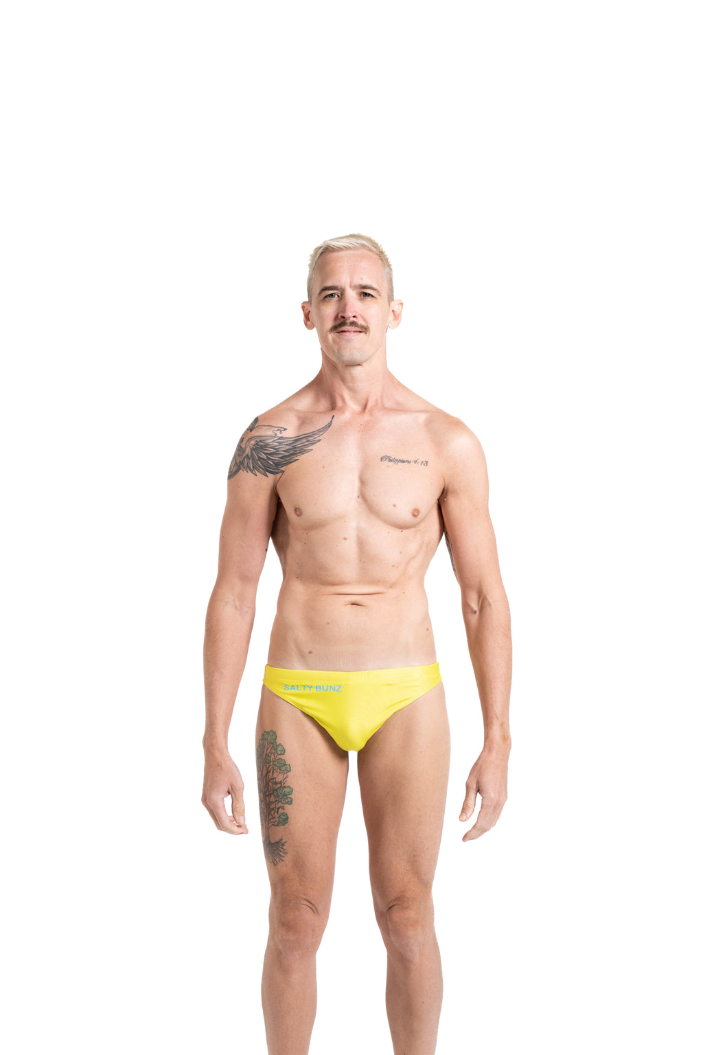 Salty Bunz Bikini Swim Brief Ultra-Thin 3.5cm Citrus Current Yellow with white background front Gay swimwear Model Bevan