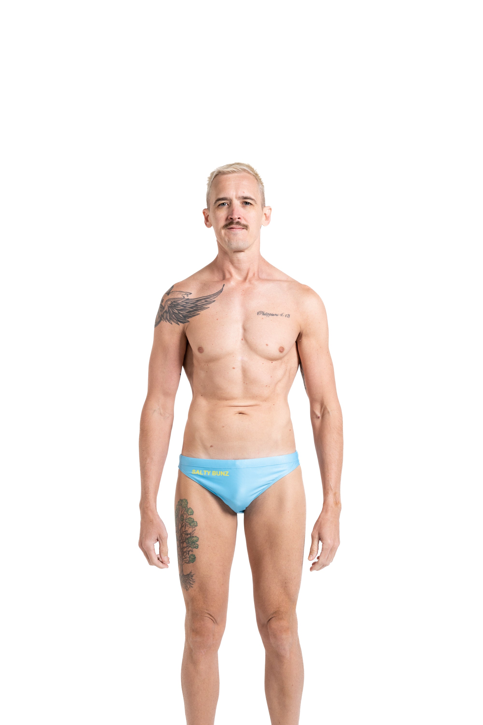 Salty Bunz Bikini Swim Brief Ultra-Thin 3.5cm Ocean Oasis Sky Blue with white background front Gay swimwear Model Bevan 