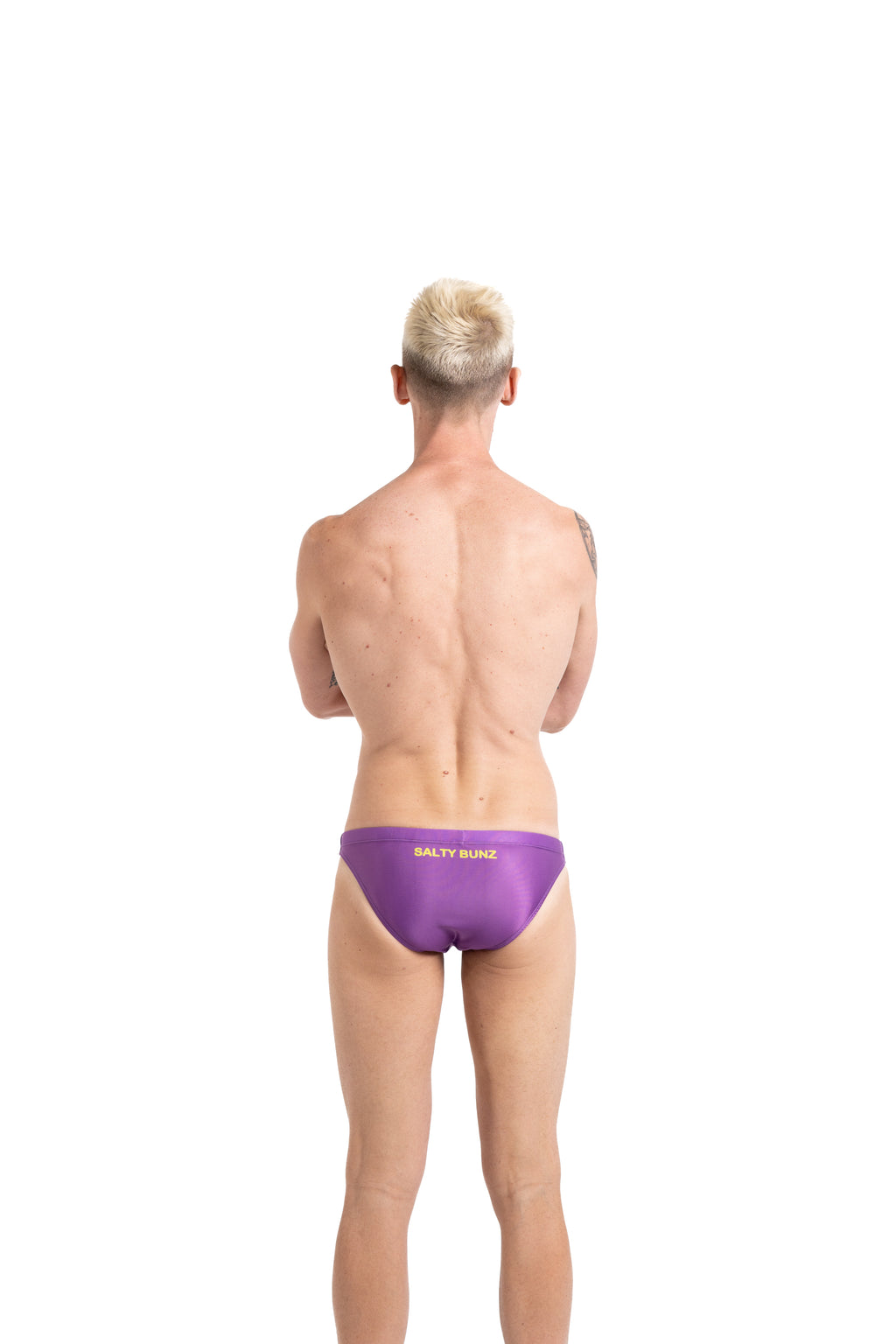 Salty Bunz Bikini Swim Brief Ultra-Thin 3.5cm Saffron Seas Purple with white background rear Gay swimwear