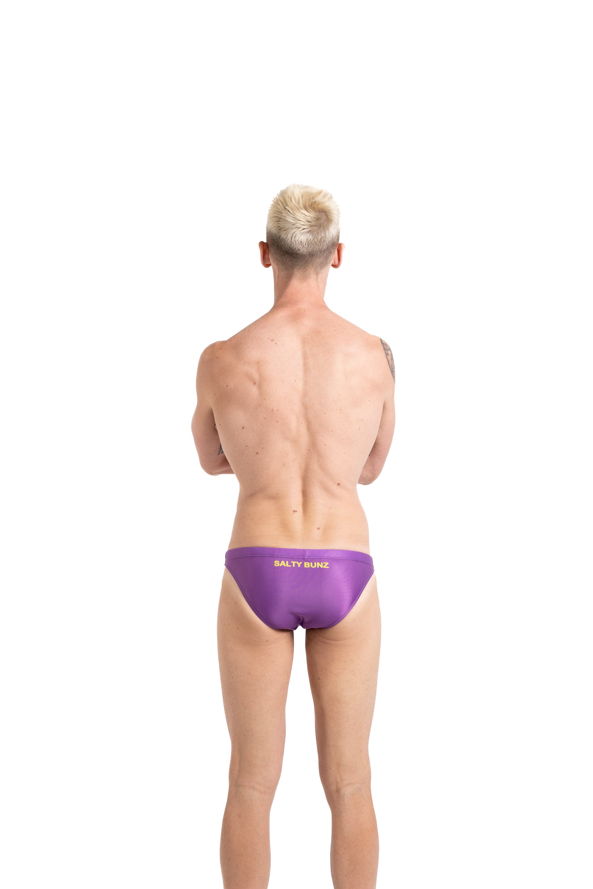 Salty Bunz Bikini Swim Brief Ultra-Thin 3.5cm Saffron Seas Purple with white background rear Gay swimwear