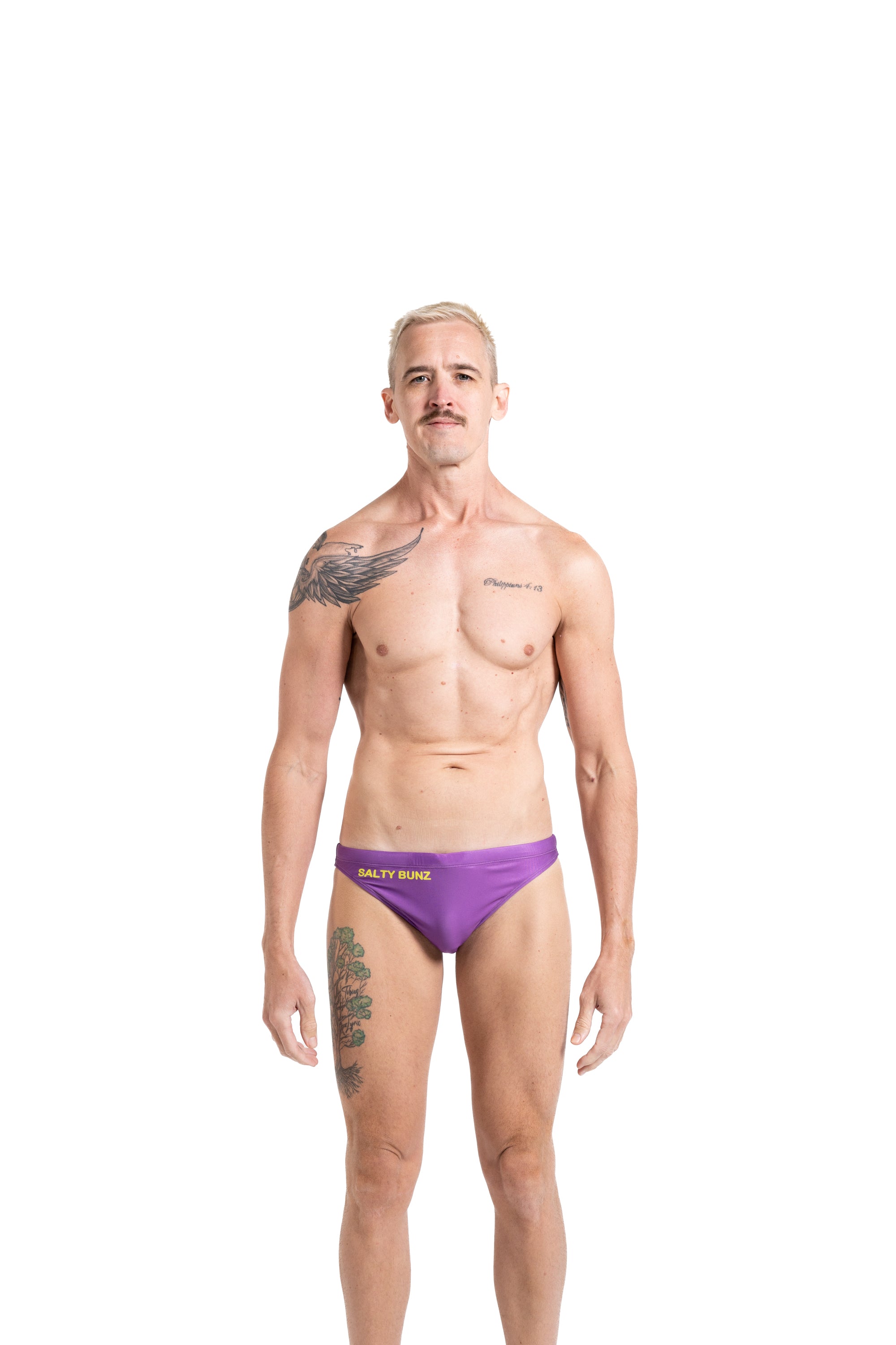 Salty Bunz Bikini Swim Brief Ultra-Thin 3.5cm Saffron Seas Purple with white background front Gay swimwear