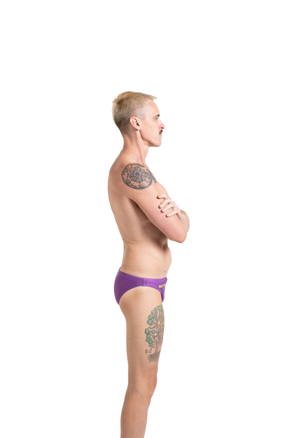 Salty Bunz Bikini Swim Brief Ultra-Thin 3.5cm Saffron Seas Purple with white background right side Gay swimwear