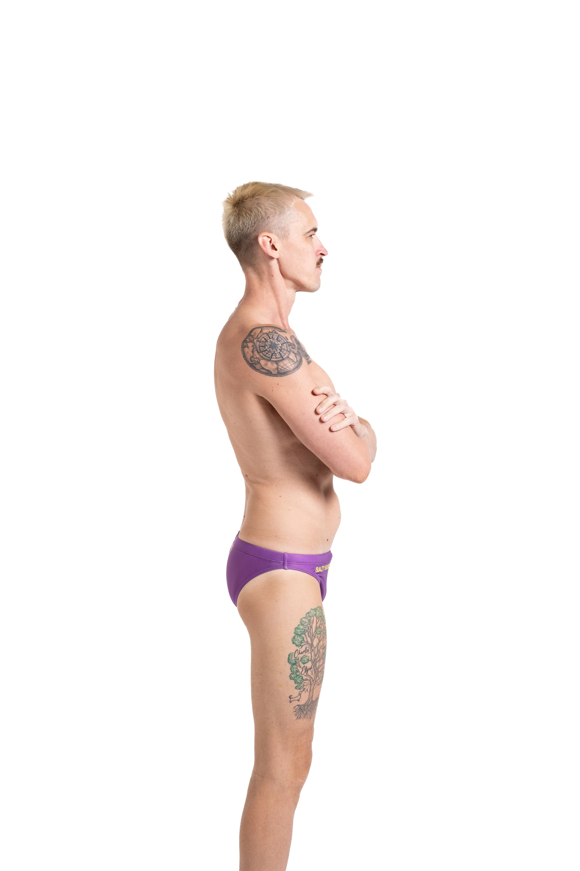 Salty Bunz Bikini Swim Brief Ultra-Thin 3.5cm Saffron Seas Purple with white background right side Gay swimwear