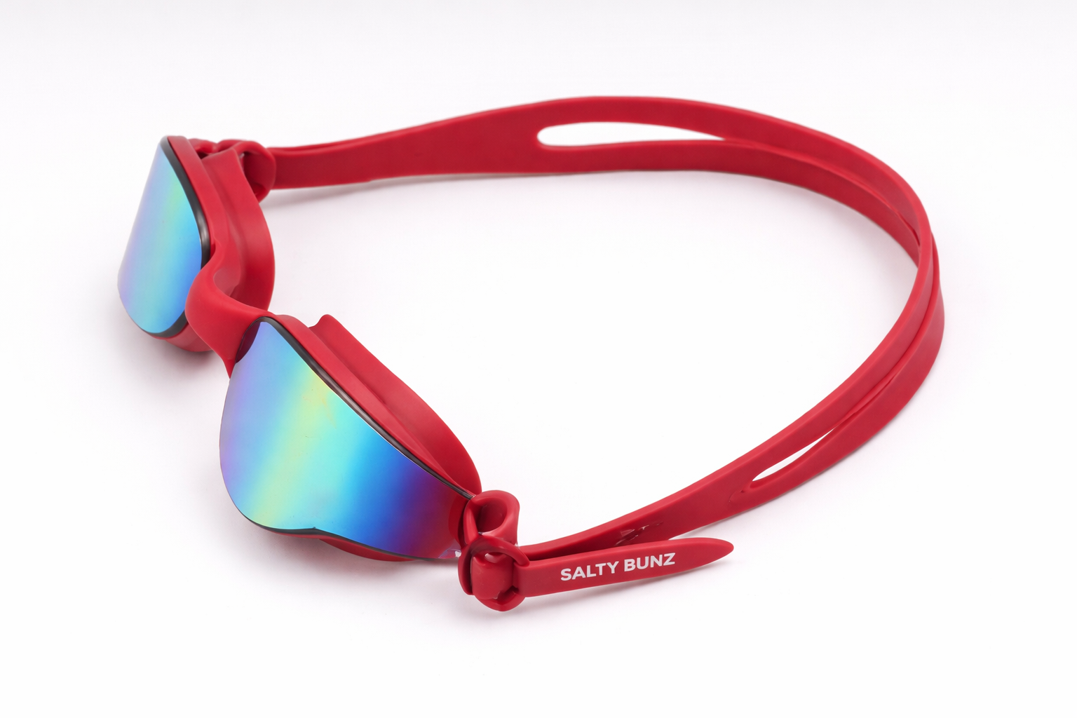 SALTY BUNZ Pro Swim Goggles ~ Ruby Red ~ Rainbow Mirror Lens