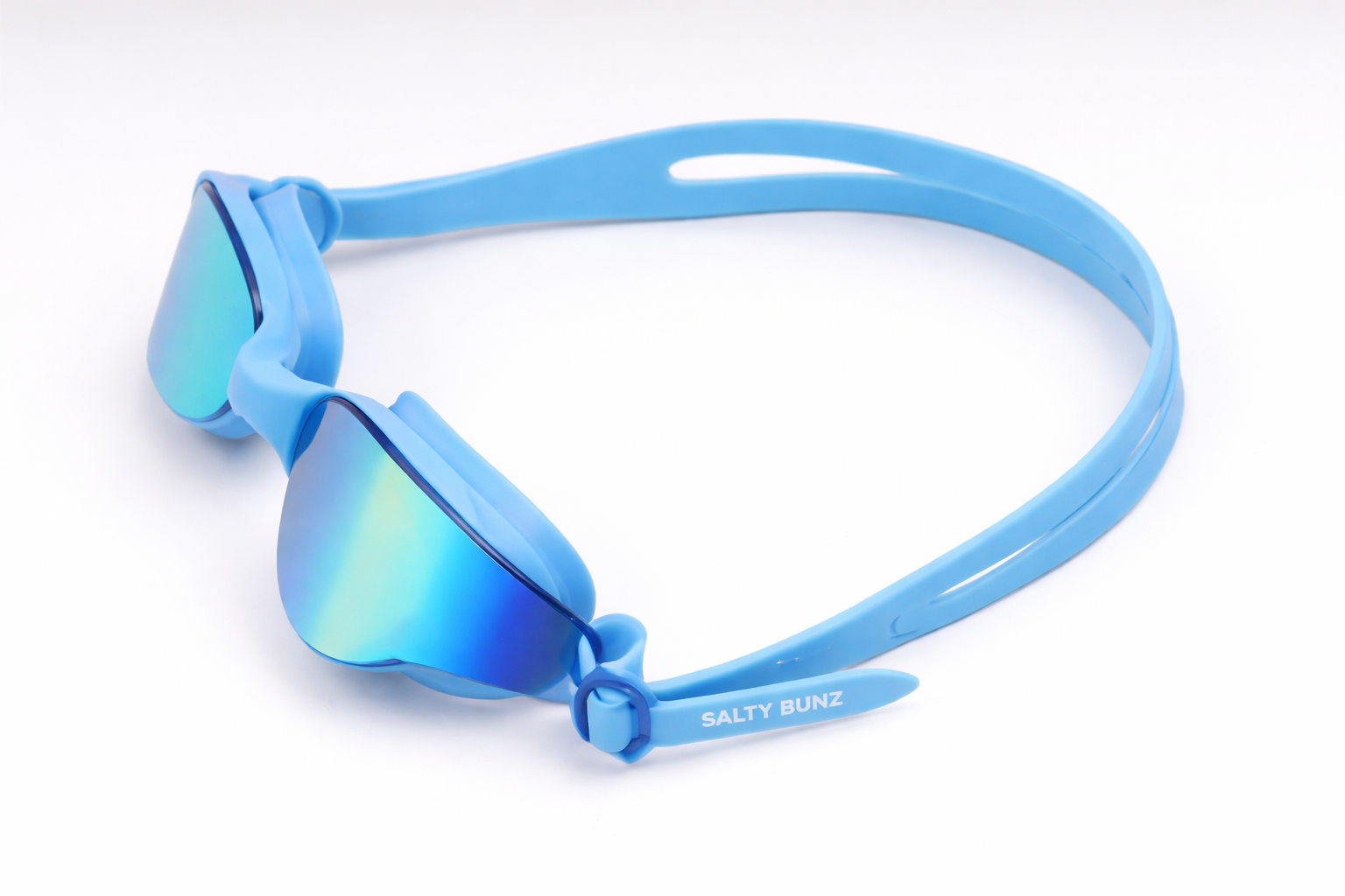 SALTY BUNZ Pro Swim Goggles ~ Sky Blue ~ Rainbow Mirror Lens