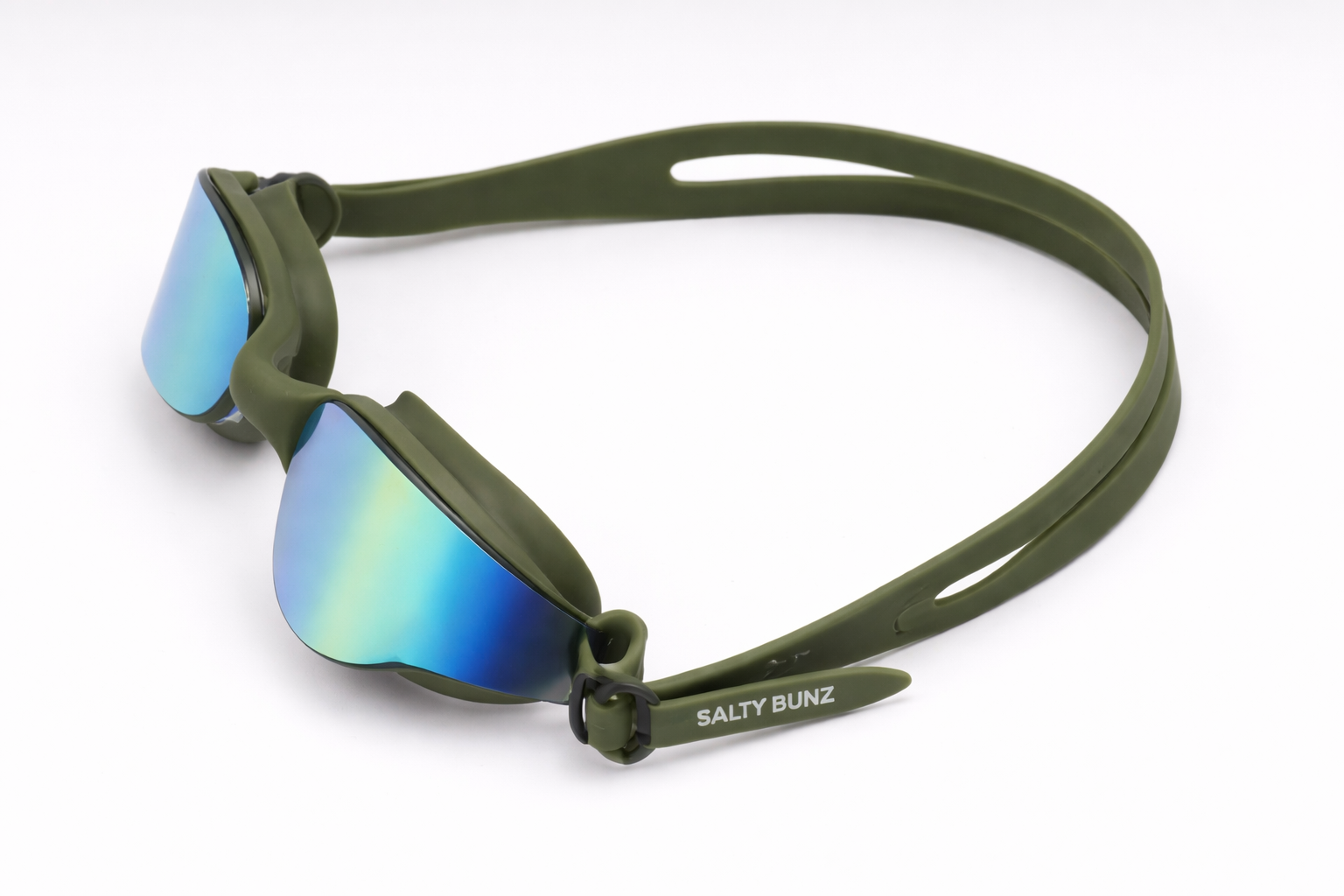 SALTY BUNZ Pro Swim Goggles ~ Tank Green ~ Rainbow Mirror Lens